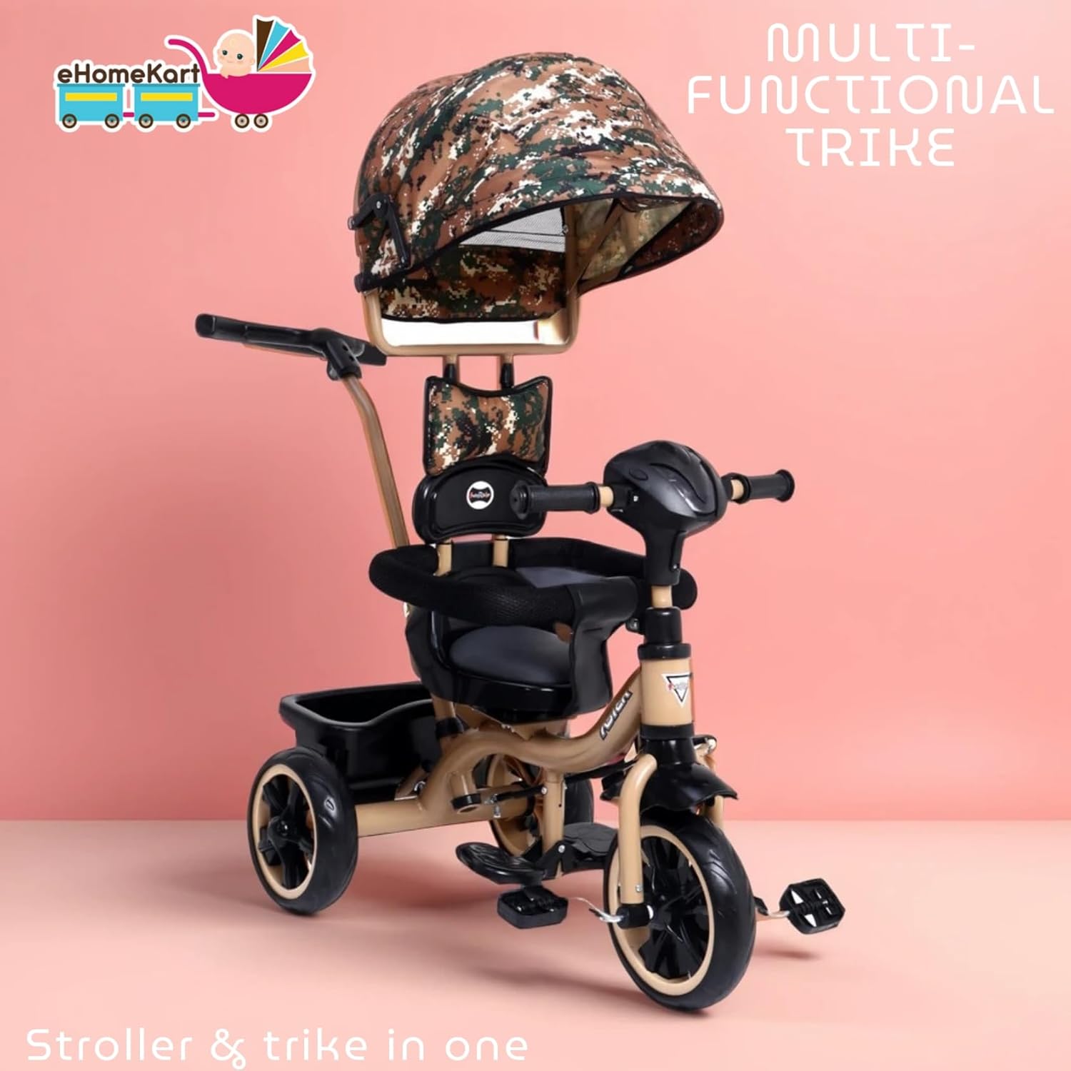 Aster 4-in-1 Musical Trike for Kids in beige and black, with a unique camouflage print sun canopy, convertible design from stroller to tricycle, removable parent push handle, safety harness, footrests, and musical features. Perfect for U SMILE TOYS outdoor play. www.usmile.toys